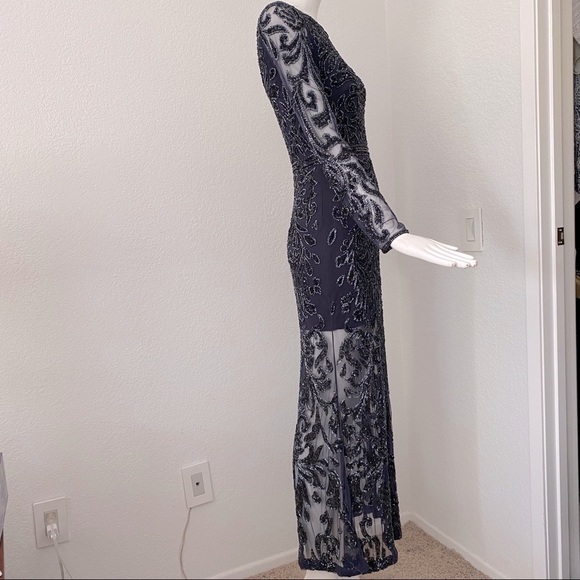 Embroidery beaded Embellished Navy evening dress - Picture 5 of 8